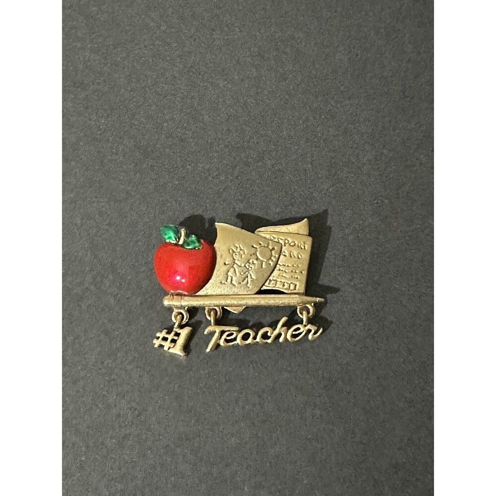 Gold Tone #1 Teacher Apple Dangle Brooch Pin Great Gift Professor‎ Vintage "AJC"